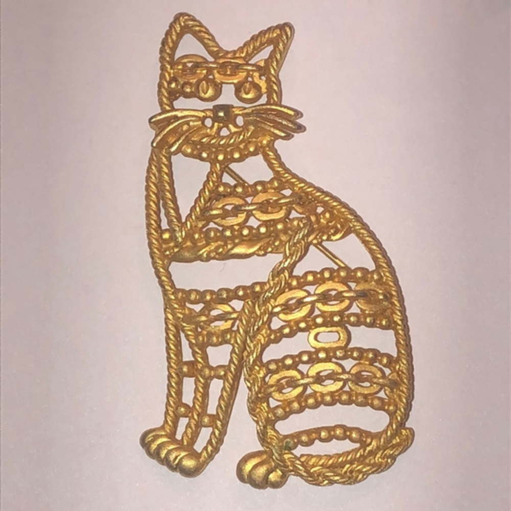 AJC Gold Tone Vintage Cat Brooch Retro Boho Pin